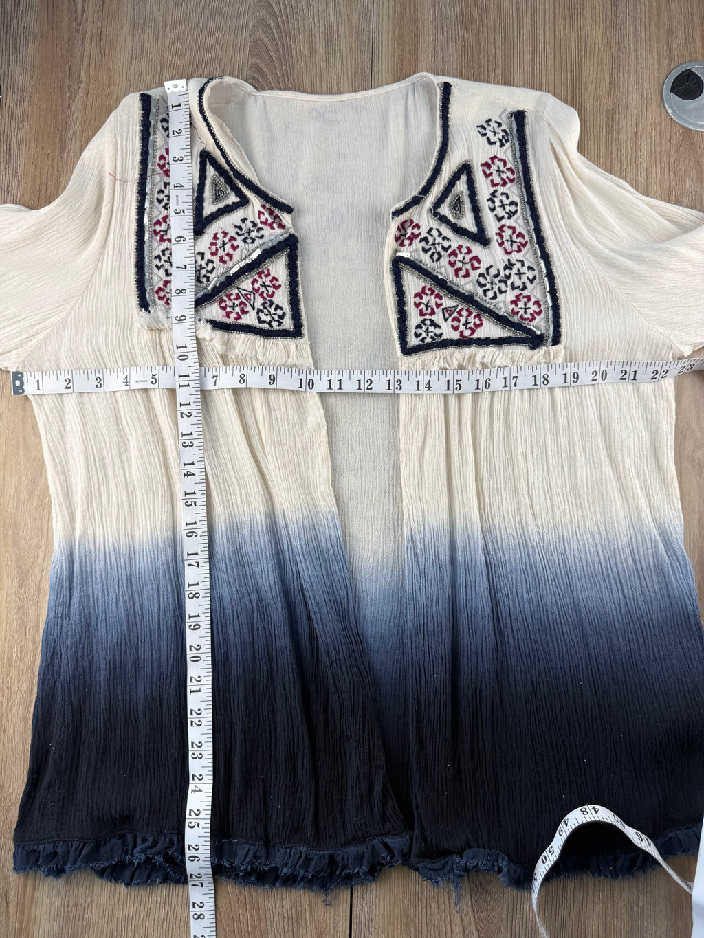 Boho Embroidered Beaded Kimono  measuring 44" bust and 27" shoulder to hem 