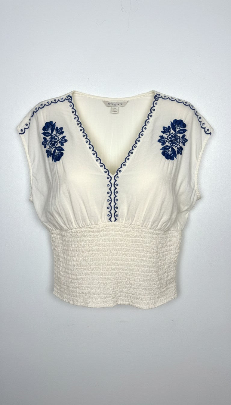 Boho Embroidered V-Neck Top Smocked Waist | Size L  at Blue Sparrow Shop