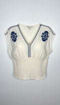 Boho Embroidered V-Neck Top Smocked Waist | Size L  at Blue Sparrow Shop