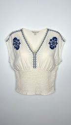Boho Embroidered V-Neck Top Smocked Waist | Size L  at Blue Sparrow Shop
