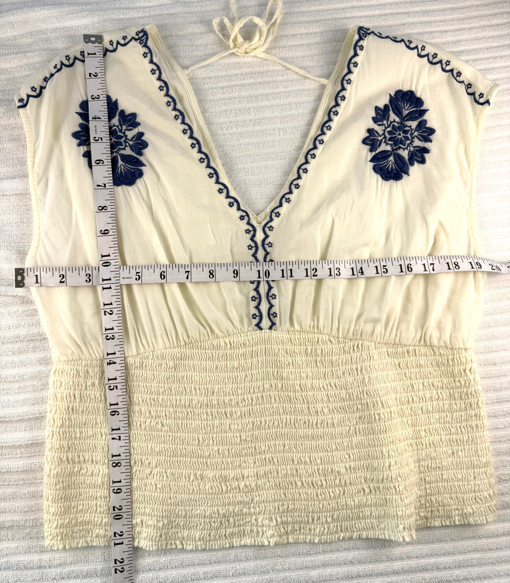 Boho Embroidered V-Neck Top Smocked Waist | Size L  at Blue Sparrow Shop measuring 38" bust and 21" shoulder to hem 