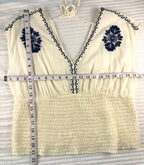 Boho Embroidered V-Neck Top Smocked Waist | Size L  at Blue Sparrow Shop measuring 38" bust and 21" shoulder to hem 