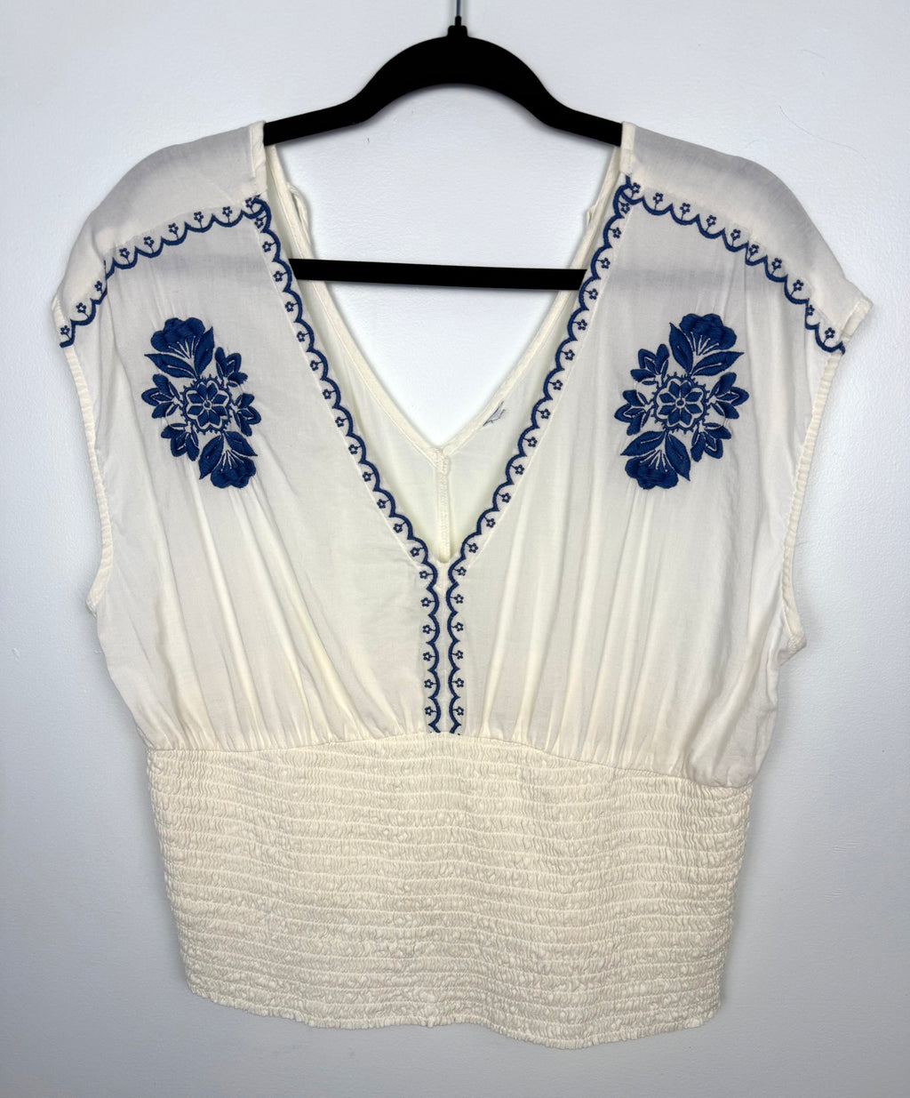 Boho Embroidered V-Neck Top Smocked Waist | Size L  at Blue Sparrow Shop on hanger