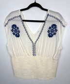 Boho Embroidered V-Neck Top Smocked Waist | Size L  at Blue Sparrow Shop on hanger