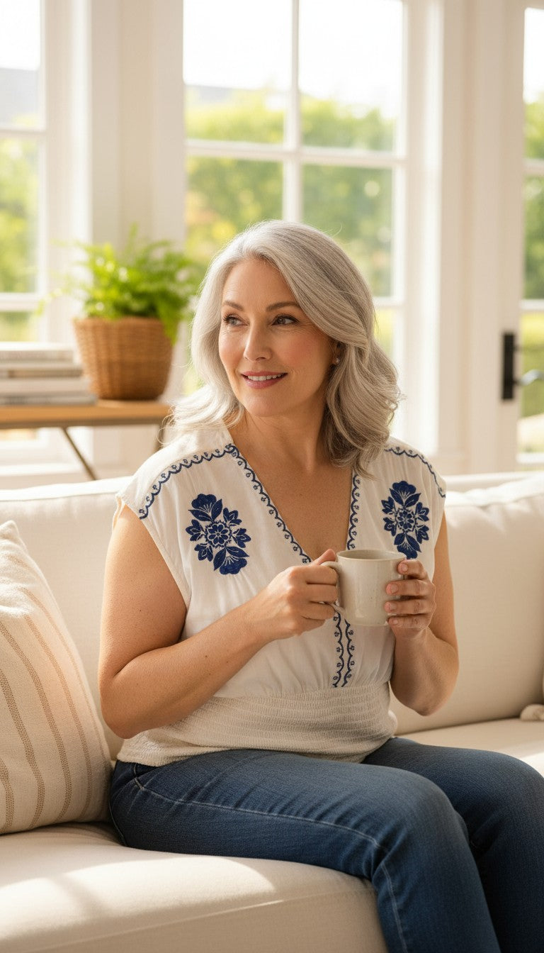 Boho Embroidered V-Neck Top Smocked Waist | Size L  at Blue Sparrow Shop on woman drinking coffee on couch