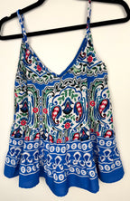 Boho Ikat Print Spaghetti Strap Cami Top | Size M at Blue Sparrow Shop back view on hanger