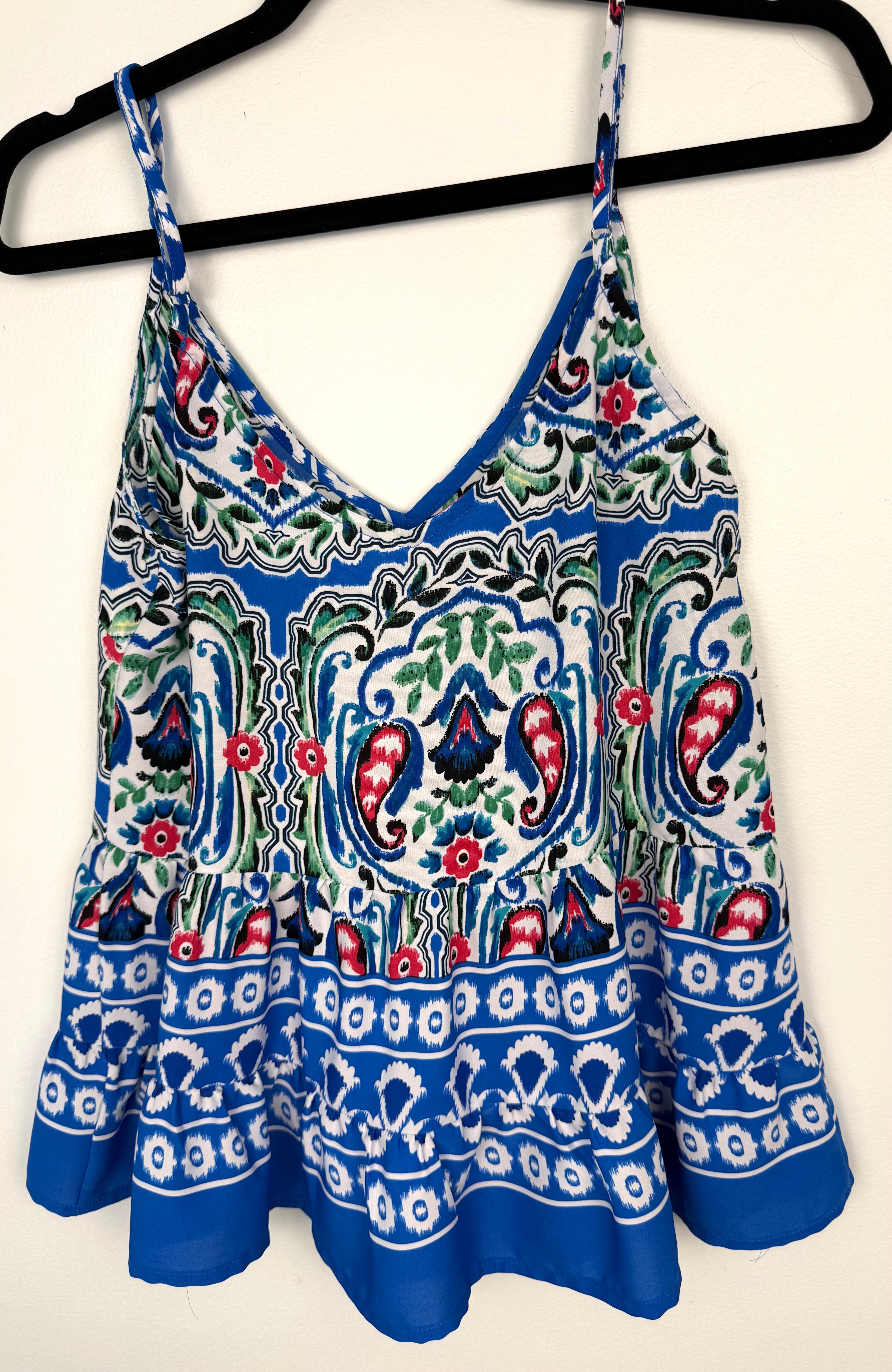 Boho Ikat Print Spaghetti Strap Cami Top | Size M at Blue Sparrow Shop back view on hanger