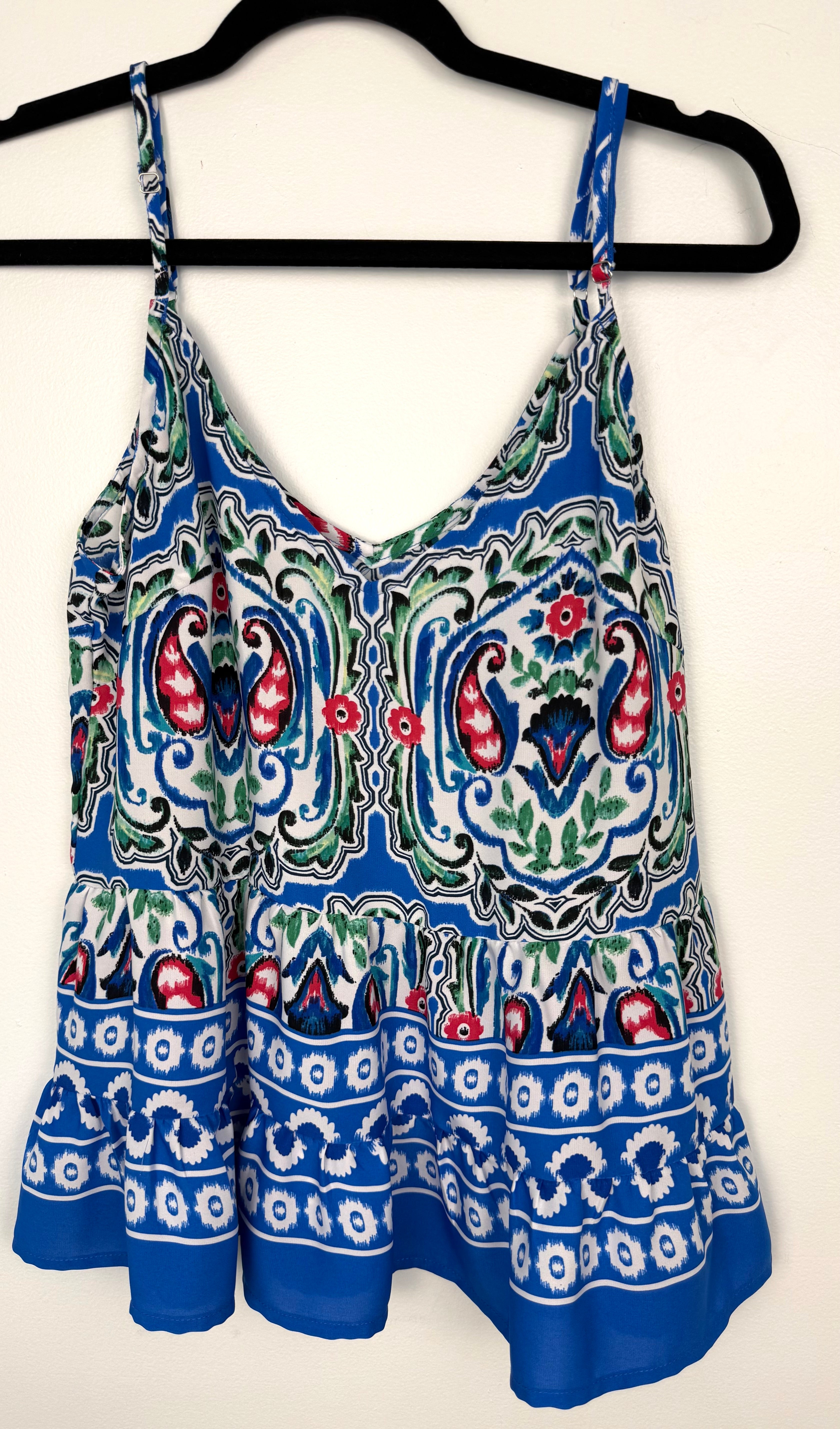 Boho Ikat Print Spaghetti Strap Cami Top | Size M at Blue Sparrow Shop front view on hanger