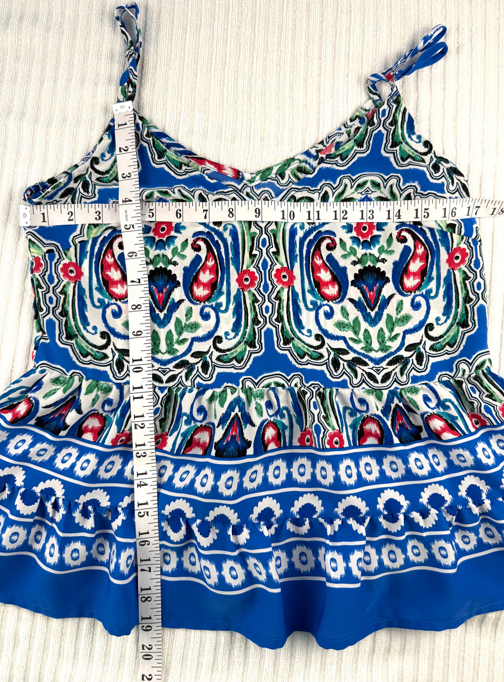 Boho Ikat Print Spaghetti Strap Cami Top | Size M at Blue Sparrow Shop measuring 34" bust and 19" shoulder to hem 