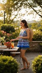 Boho Ikat Print Spaghetti Strap Cami Top | Size M at Blue Sparrow Shop on woman eating berries and drinking iced tea