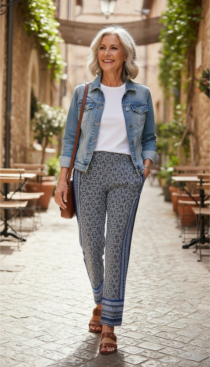 Boho Medallion Print Wide-Leg Palazzo Pants | Size M at Blue Sparrow Shop on woman wearing jean jacket walking outside 