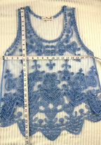 Boho Scrollwork Lace Overlay Cami Top | Size M at Blue Sparrow Shop Canadian Resale measuring 36" bust and 26" sholder to hem in back 20" shoulder to hem front 