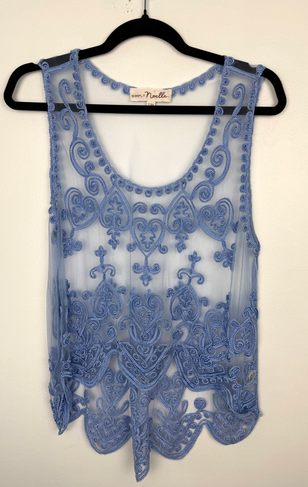 front of Boho Scrollwork Lace Overlay Cami Top | Size M at Blue Sparrow Shop Canadian Resale   on hanger