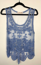 front of Boho Scrollwork Lace Overlay Cami Top | Size M at Blue Sparrow Shop Canadian Resale   on hanger