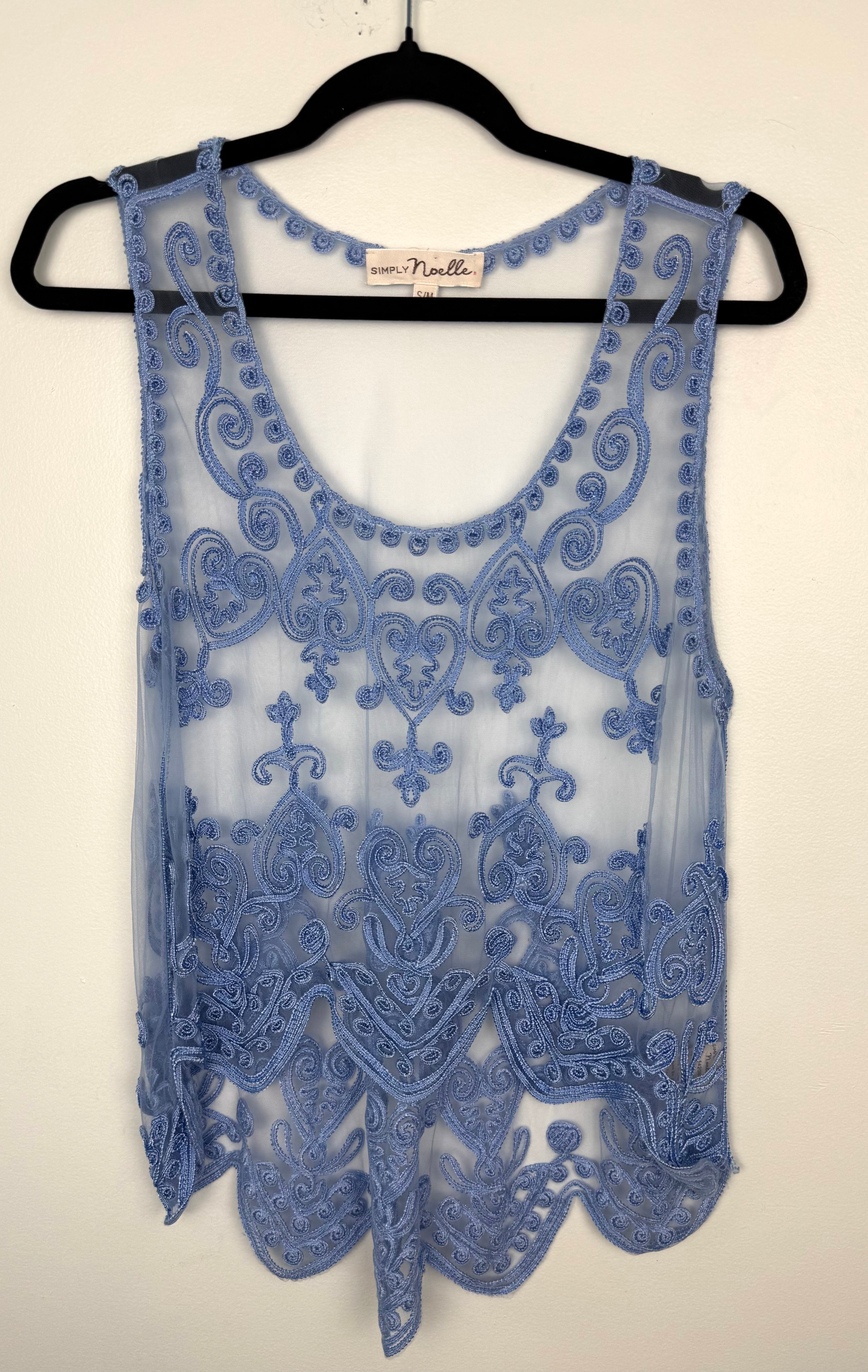 front of Boho Scrollwork Lace Overlay Cami Top | Size M at Blue Sparrow Shop Canadian Resale   on hanger