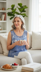 Boho Scrollwork Lace Overlay Cami Top | Size M at Blue Sparrow Shop Canadian Resale   on woman sitting on couch drinking coffee
