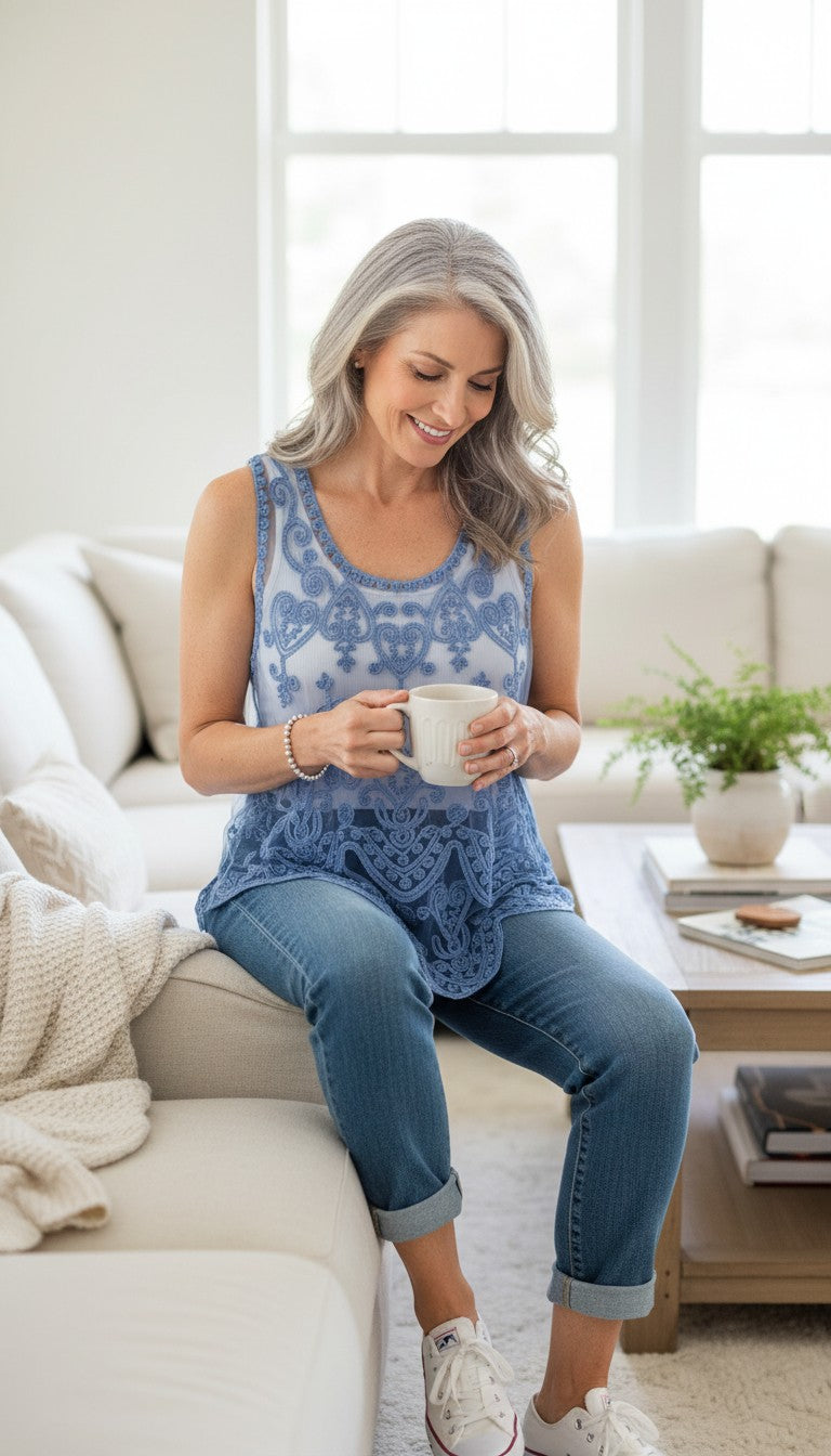 Boho Scrollwork Lace Overlay Cami Top | Size M at Blue Sparrow Shop Canadian Resale  on woman sitting on edge of couch drinking coffee
