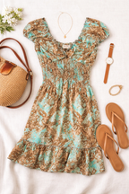 Boho_festival_dress_in_green_and_brown_at_Blue_Sparrow_Shop flatlay with shoes, bag, wallet