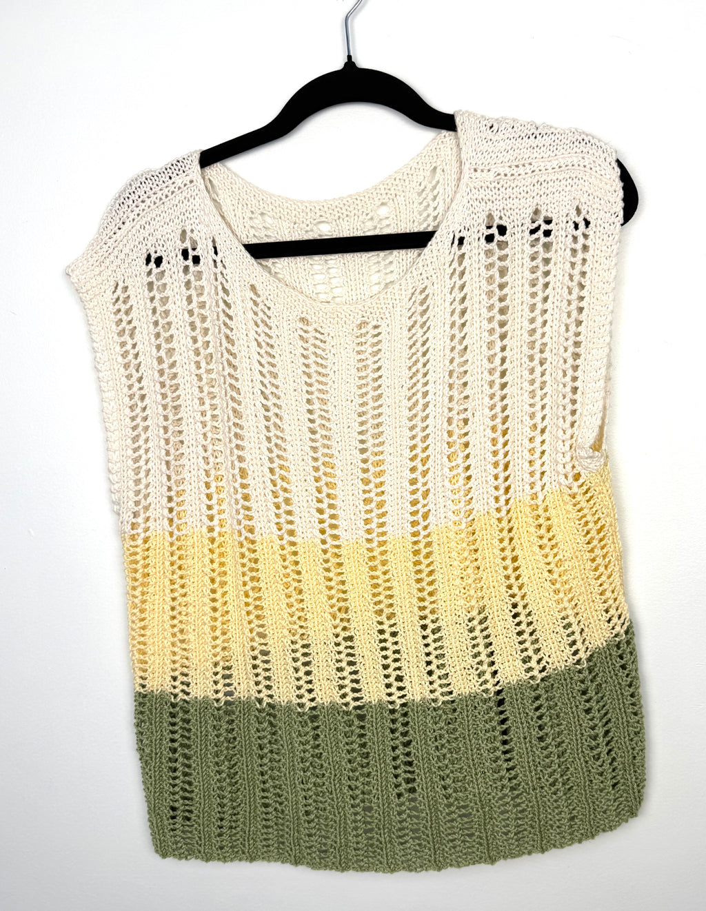 Boho handmade crochet sweater vest cream yellow sage green colour block open knit summer top front view

