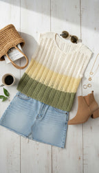 Handmade Crochet Sweater Vest | Size M/L at Blue Sparrow Shop with a denim skirt and boots on a flatlay 