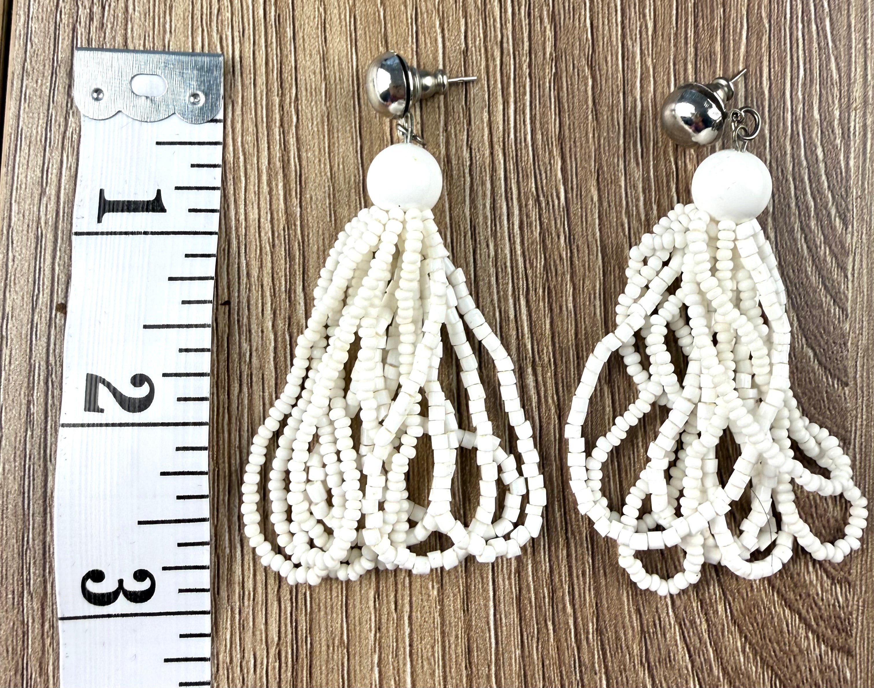 Boho white Seed Bead Tassel Earrings  measuring approx 2.75"