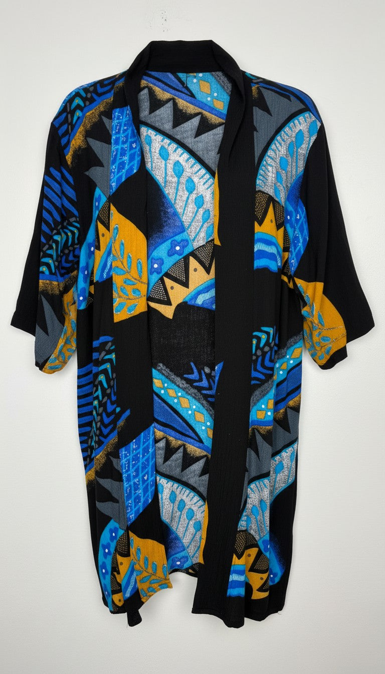 Bold Geometric Print Open Kimono Cardigan | Size M at Blue Sparrow Shop