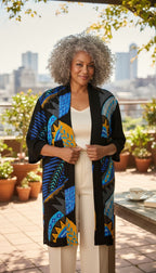 Bold Geometric Print Open Kimono Cardigan | Size M at Blue Sparrow Shop on woman wearing ivory underneath