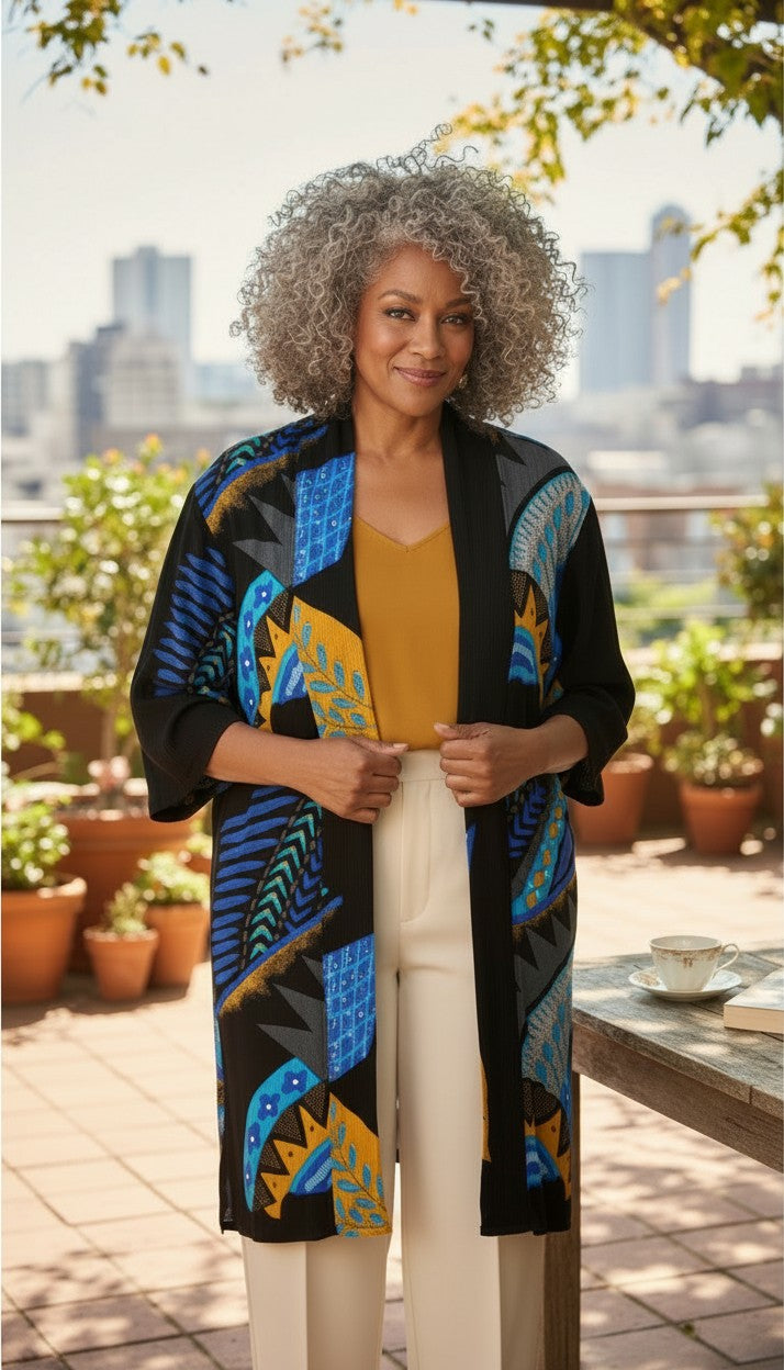 Bold Geometric Print Open Kimono Cardigan | Size M at Blue Sparrow Shop on woman wearing mustard top and ivory pants