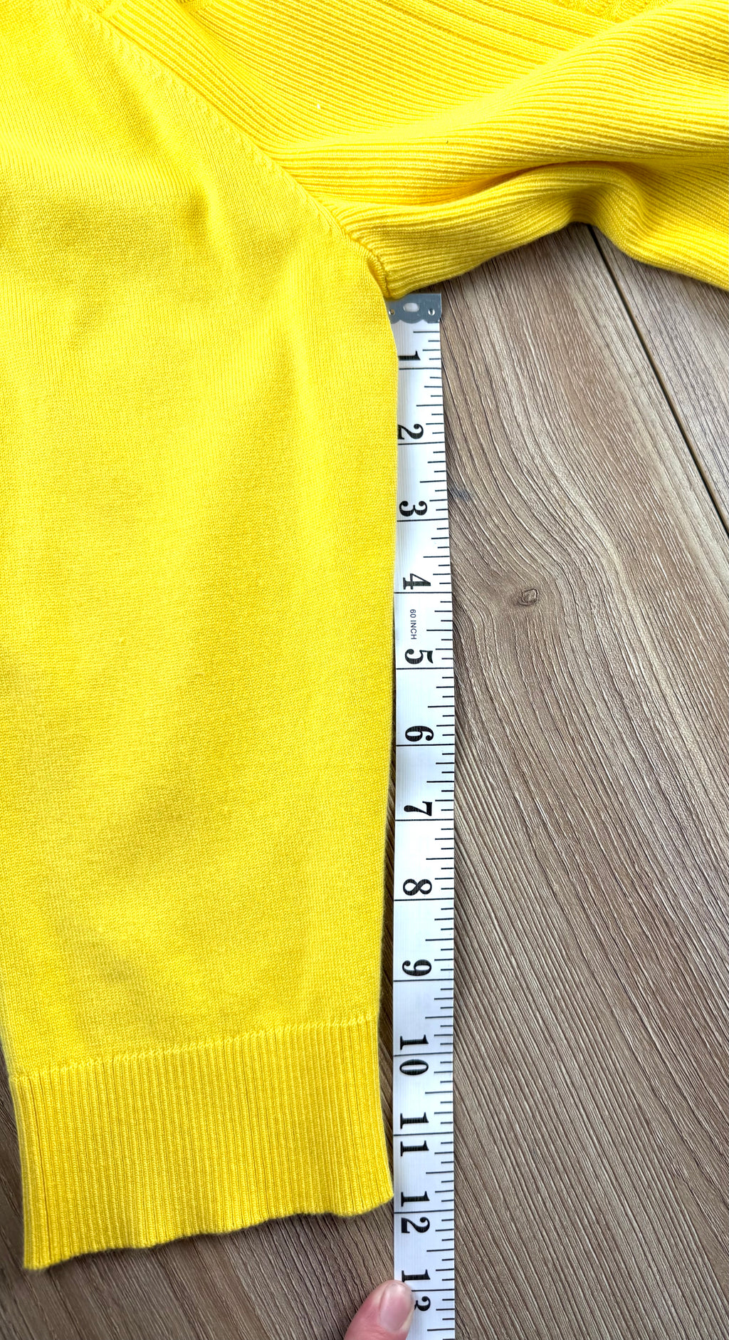 Bright yellow cardigan for Spring sleeve measures 12" 3/4 sleeve 