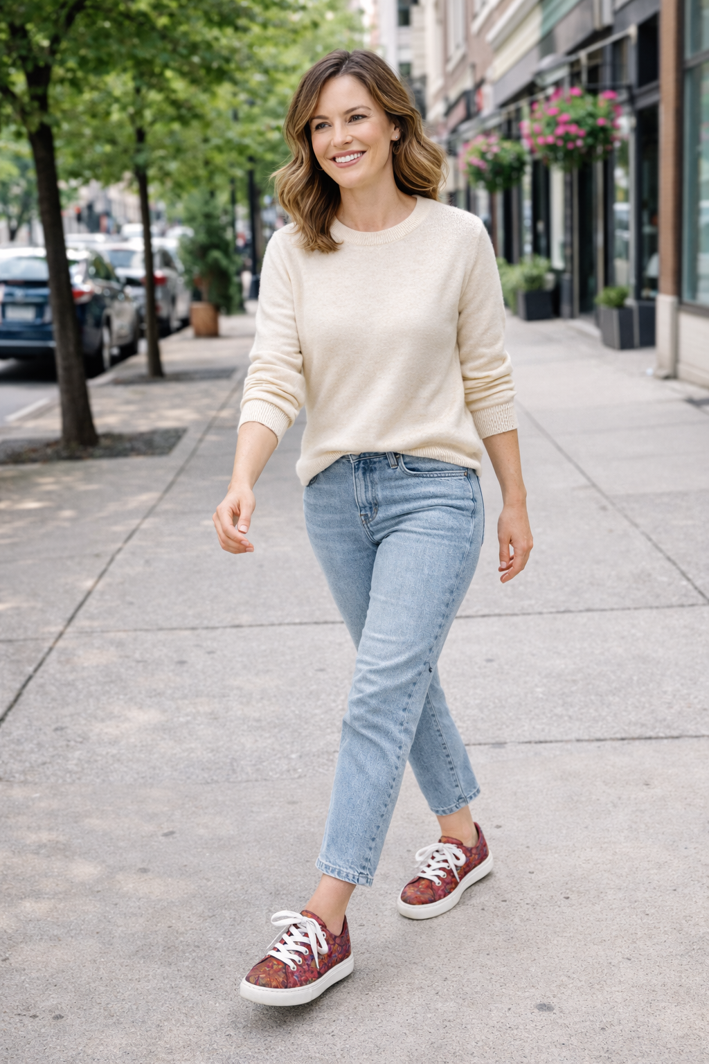 Beuno leather patterned sneakers at Blue Sparrow Shop on woman walking outdoors