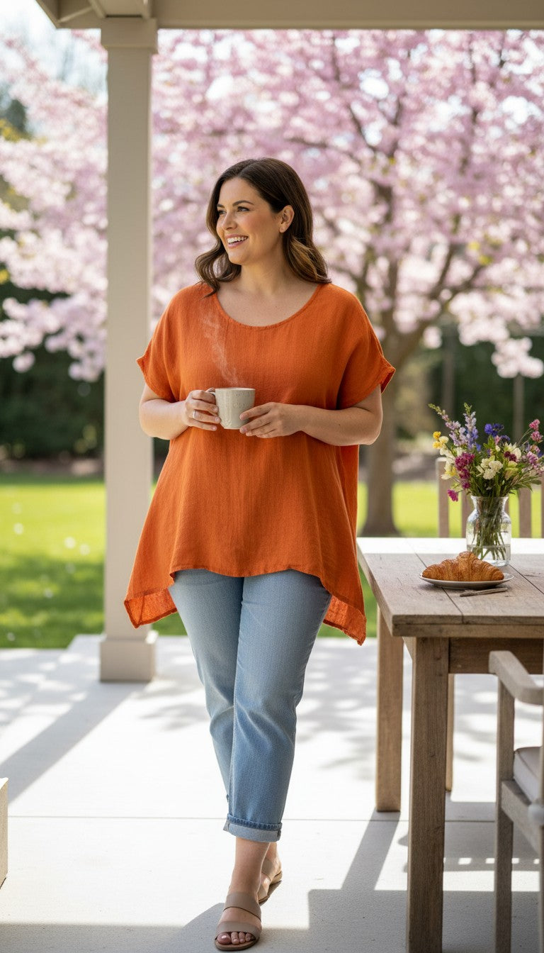 Burnt orange cotton short sleeved oversized top at Blue Sparrow Shop  on woman drinking coffee outside 