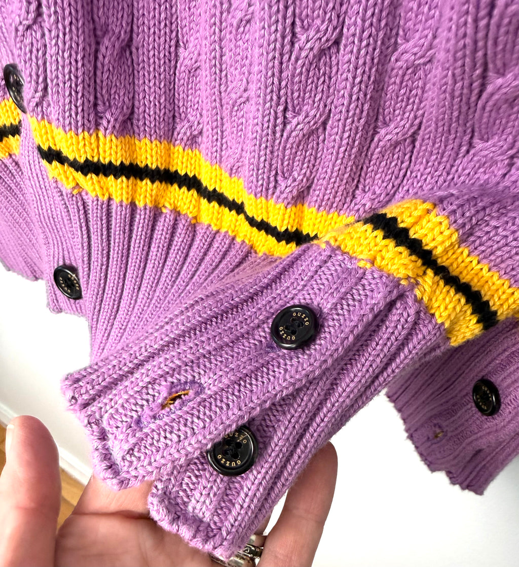 Button detail on cuff of Guzzo 1969 handmade lilac cable knit cardigan XXL UK made cotton sweater with yellow and black stripe detail