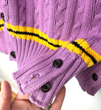 Button detail on cuff of Guzzo 1969 handmade lilac cable knit cardigan XXL UK made cotton sweater with yellow and black stripe detail