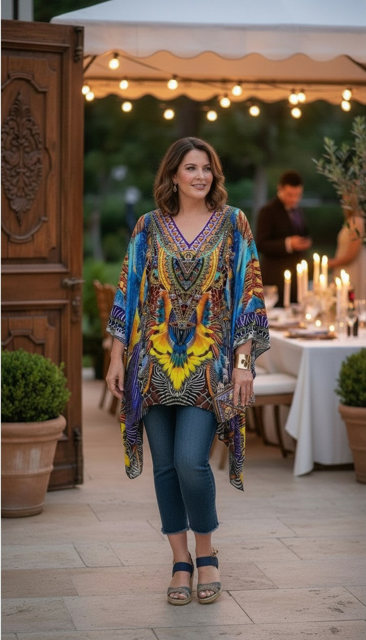 CAMILLA Australia 2015 100% Silk Kaftan | One Size at Blue Sparrow Shop on woman at casual outdoor elegant event