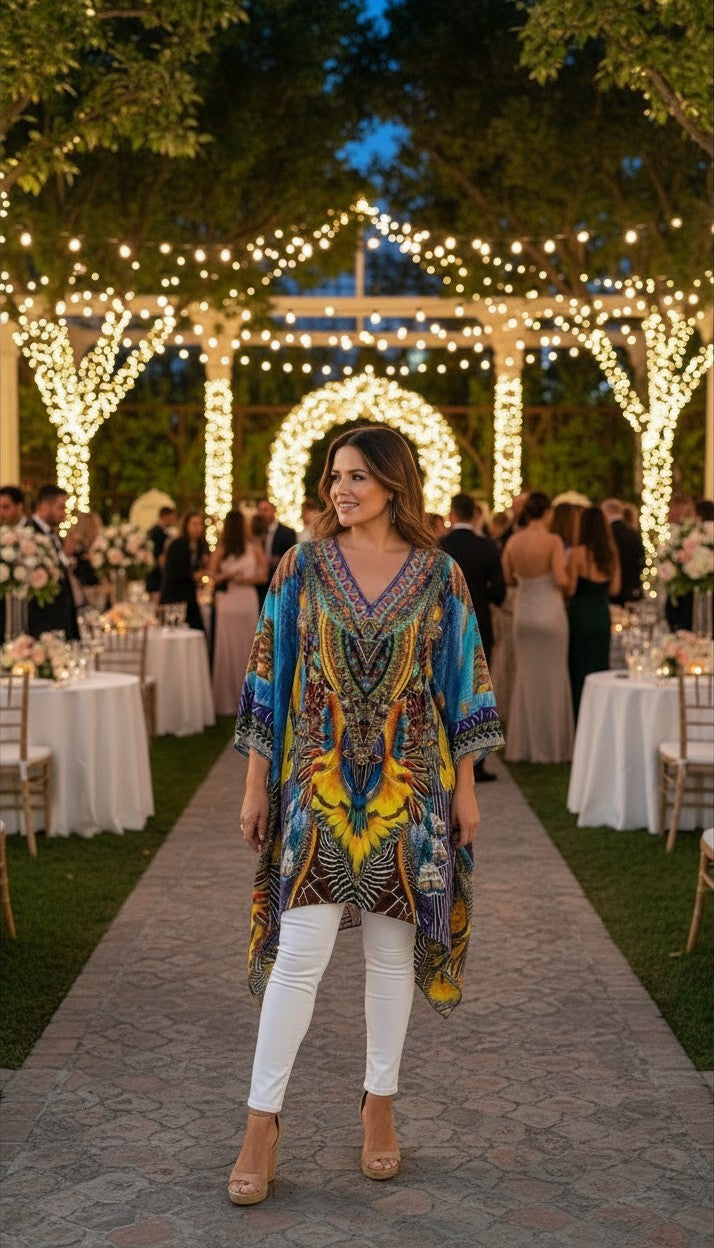 CAMILLA Australia 2015 100% Silk Kaftan | One Size at Blue Sparrow Shop on woman at outdoor event