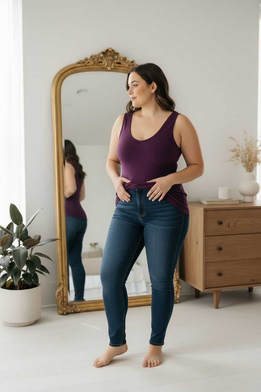 C'est Moi Bamboo Smoothing Tank Top | One Size Plus | Purple Bamboo Plus Sized Tank Top at Blue Sparrow Shop on woman wearing jeans