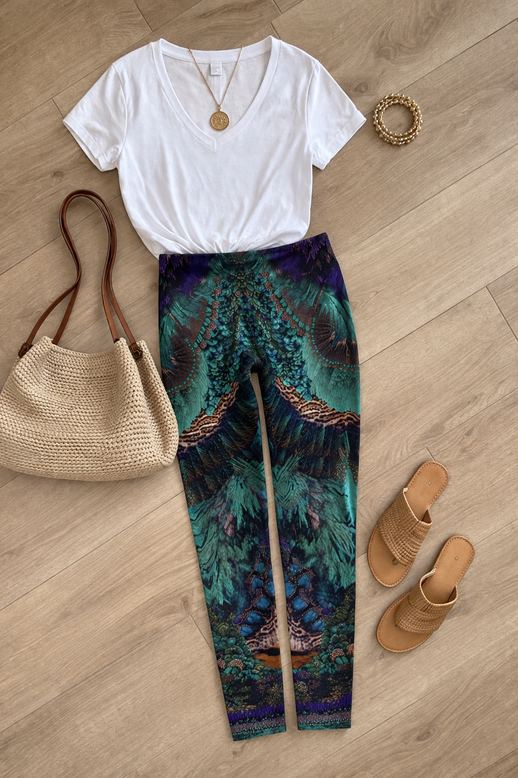Camilla Crystal Embellished Designer Leggings | Size S/M at Blue Sparrow Shop  on flatlay with sandals, tshirt, bag