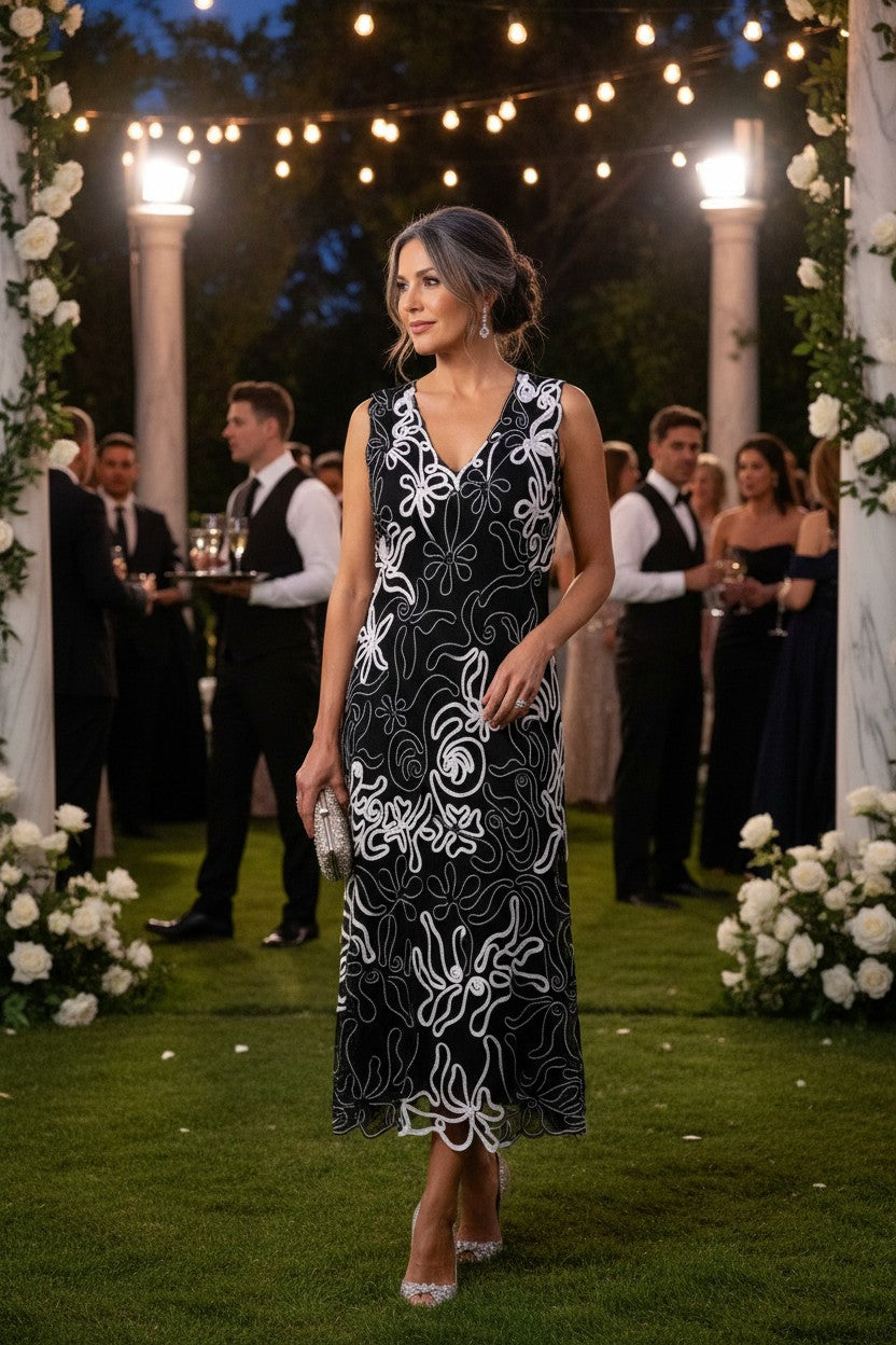 Cartise Embroidered Mesh Cocktail Dress | Size 12 at Blue Sparrow Shop on woman at outdoor event