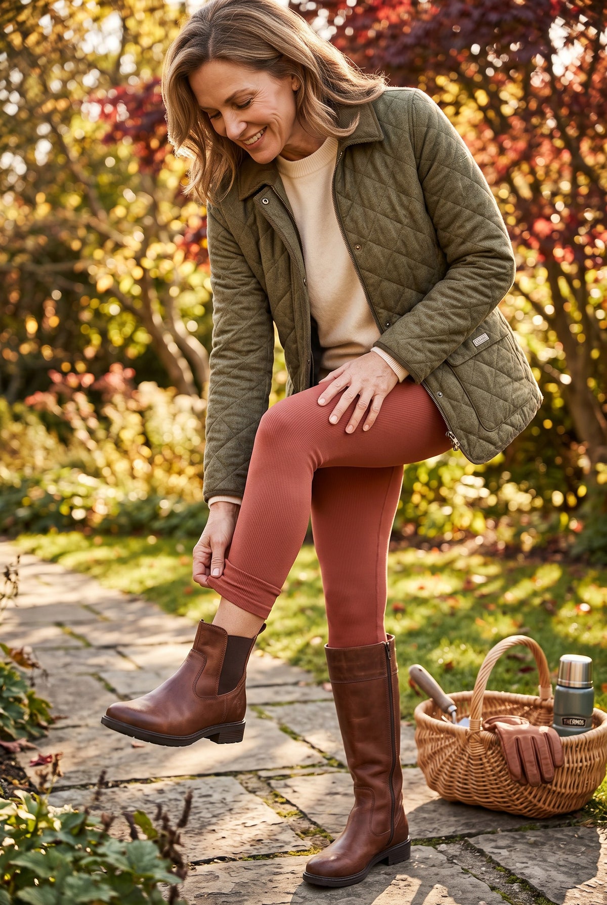 Cayenne coloured Bamboo leggings by C'est Moi  on woman outside in fall 