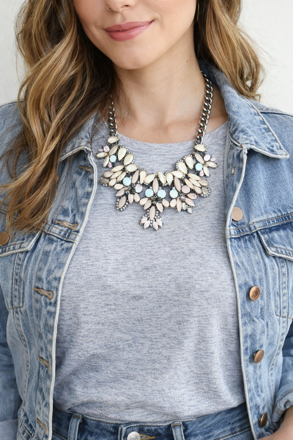Champagne Floral Statement Necklace at Blue Sparrow Shop on woman. in denim jacket