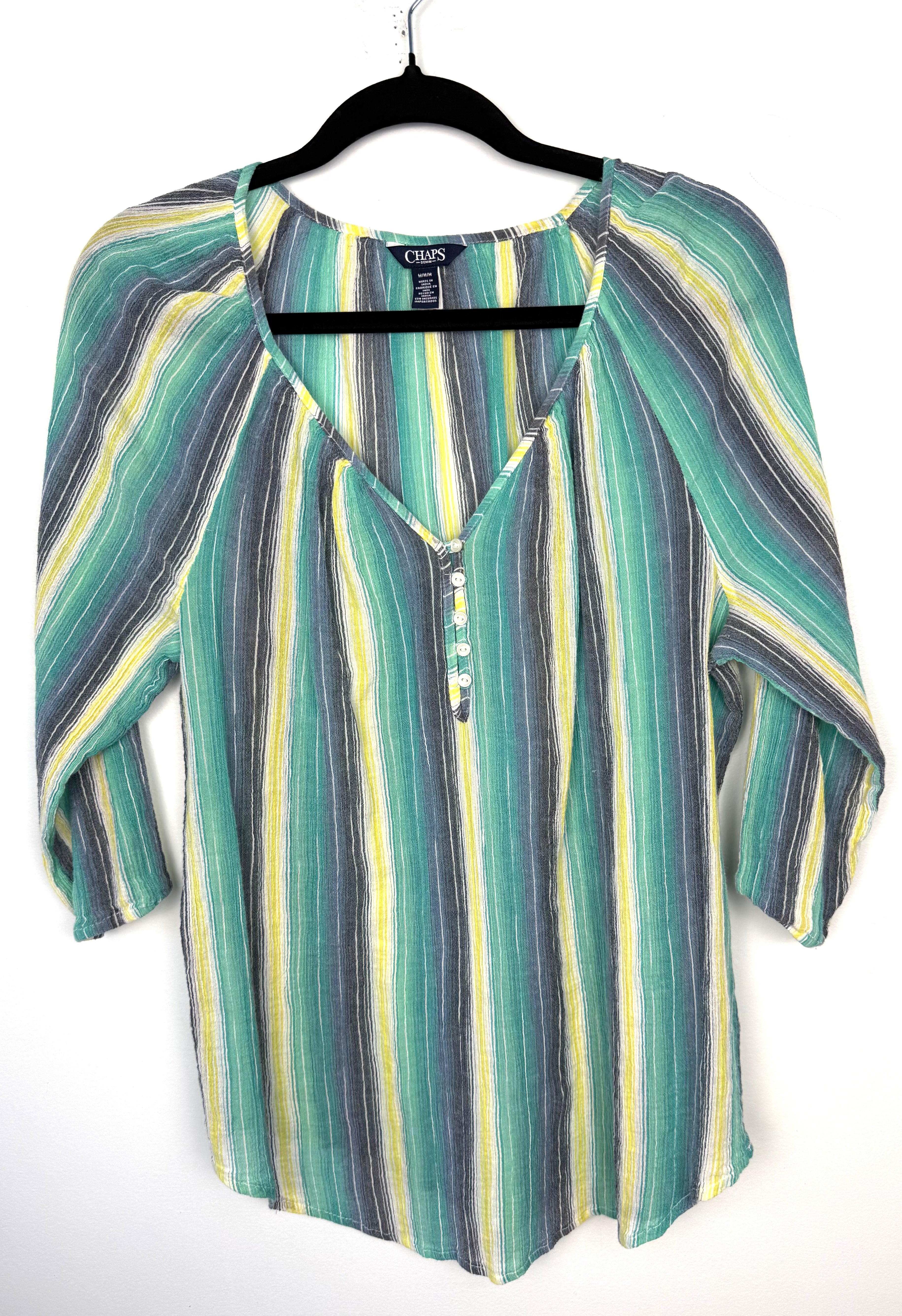Chaps Denim 100% Cotton Stripe Peasant Blouse — Teal, Sage and Yellow | 3/4 Sleeve | Size M at Blue Sparrow Shop