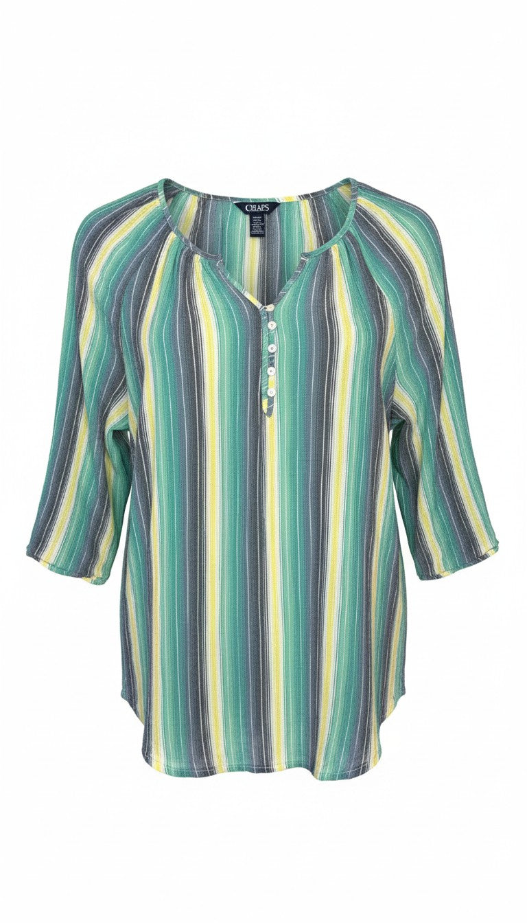 Chaps Denim 100% Cotton Stripe Peasant Blouse — Teal, Sage and Yellow | 3/4 Sleeve | Size M at Blue Sparrow Shop  main image
