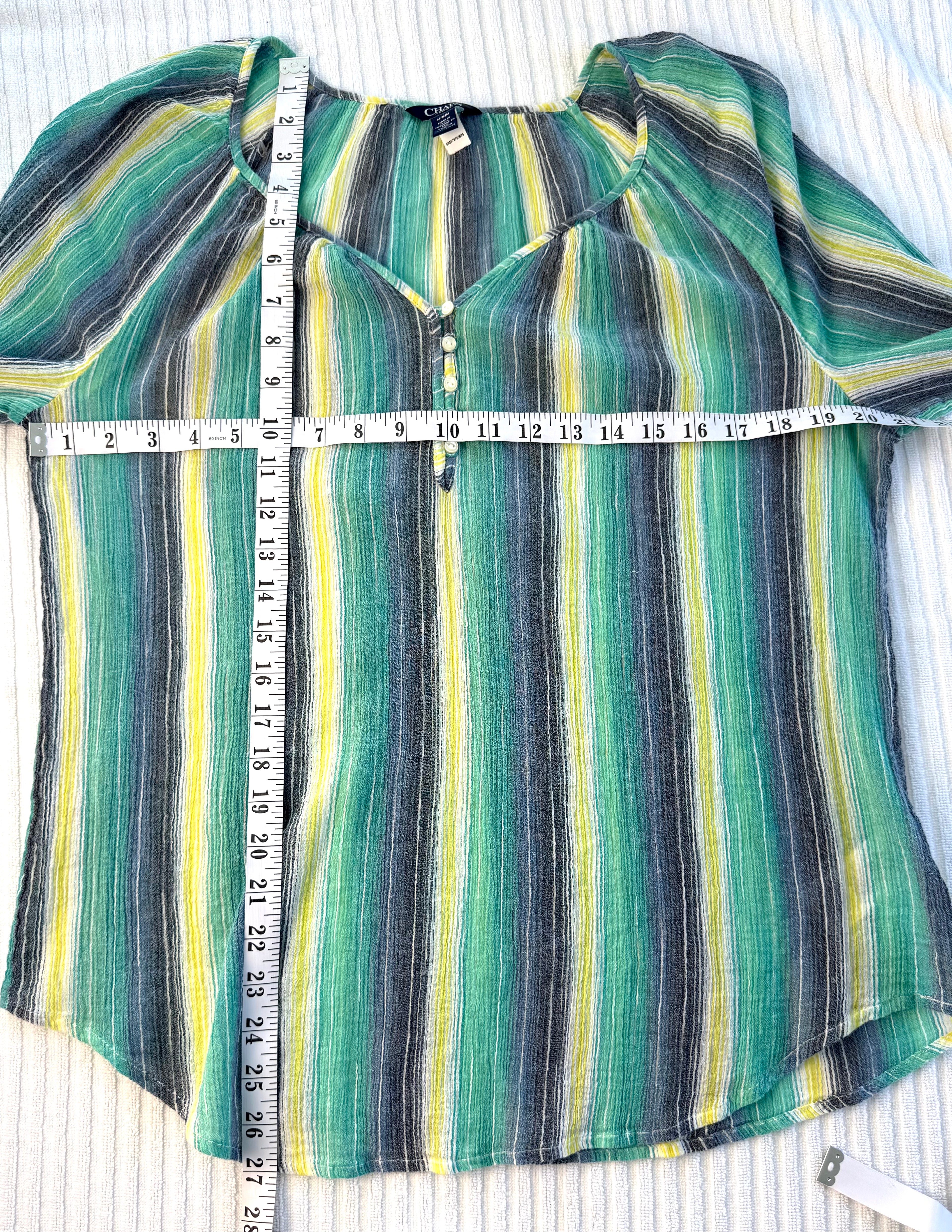 Chaps Denim 100% Cotton Stripe Peasant Blouse — Teal, Sage and Yellow | 3/4 Sleeve | Size M at Blue Sparrow Shop measuring 42" bust and 27" shoulder to hem 