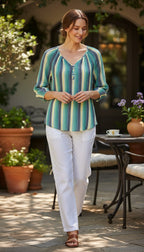 Chaps Denim 100% Cotton Stripe Peasant Blouse — Teal, Sage and Yellow | 3/4 Sleeve | Size M at Blue Sparrow Shop  on woman standing beside patio table