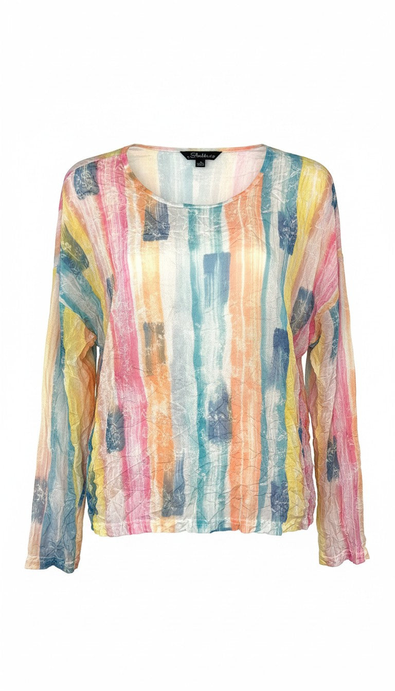 Charlie B Sheer Watercolour Stripe Long Sleeve Top — Rainbow Pastel | Mesh Overlay | Size XS Petite