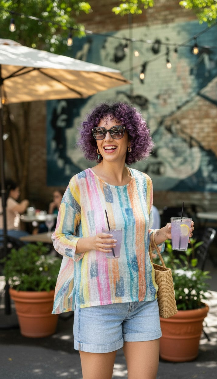 Charlie B Sheer Watercolour Stripe Long Sleeve Top — Rainbow Pastel | Mesh Overlay | Size XS Petite at Blue Sparrow Shop on woman with purple curly hair and 2 glasses of lavender lemonade outside 