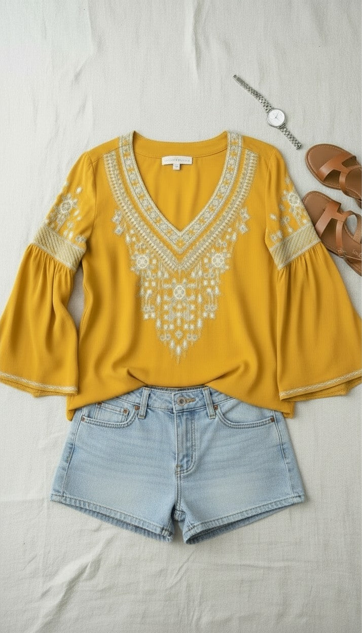 Chelsea & Theodore Embroidered Boho Blouse | Size XL lifestyle photo with shorts