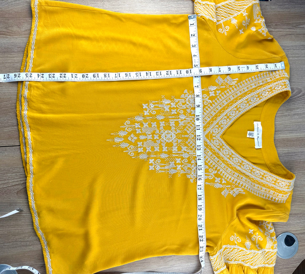 Chelsea & Theodore Embroidered Boho Blouse measuring 25" shoulder to hem and 46" bust