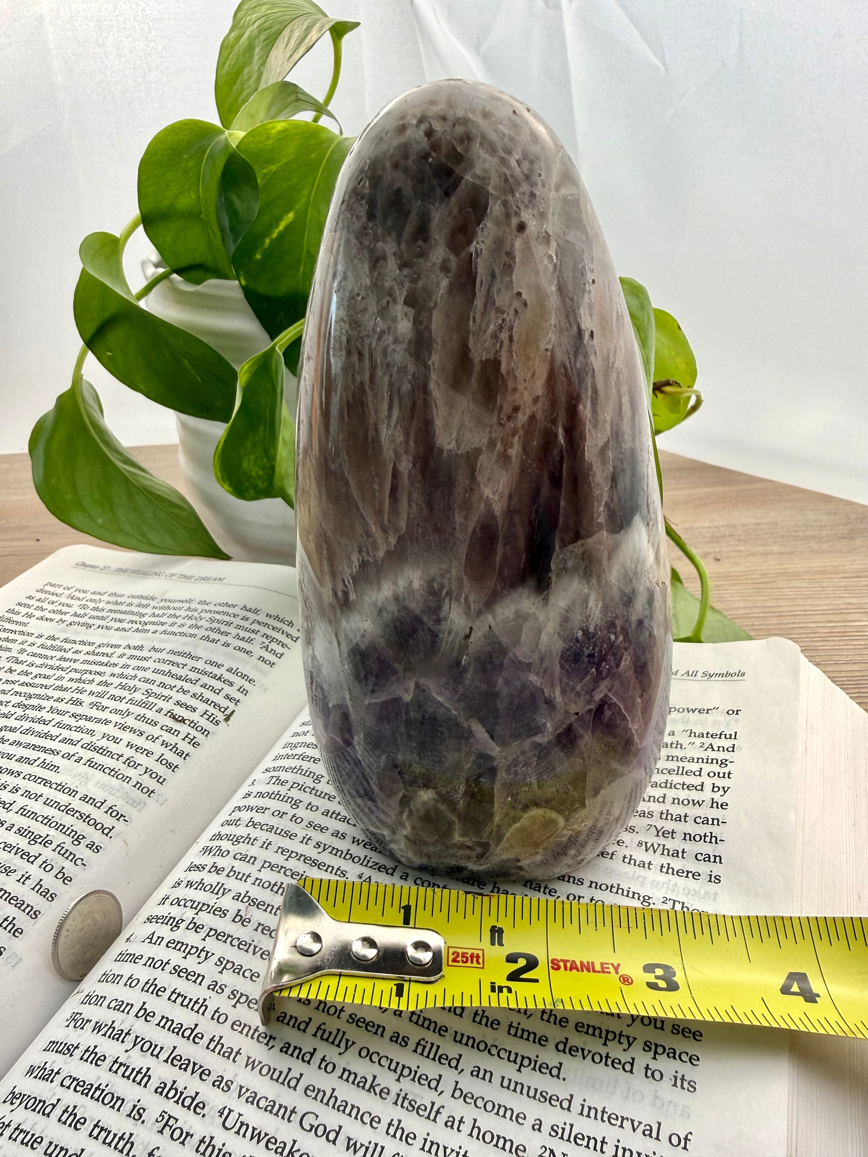 Large polished stone on a book with a measuring tape, plant in the background