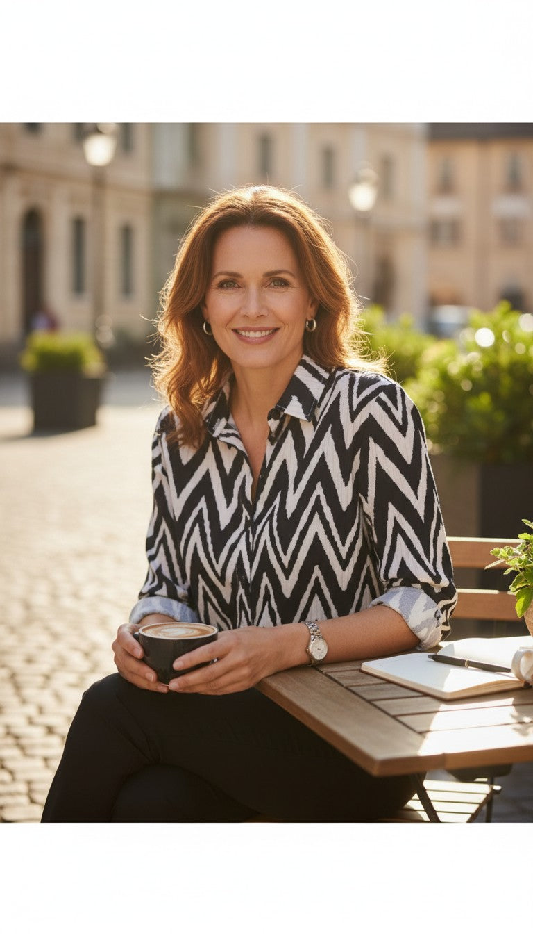 Chico’s Button-Up Blouse | Size S on woman sitting at a table outside